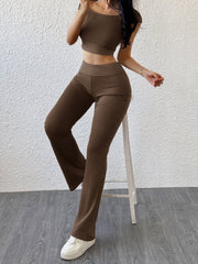 Chocolate ribbed off-shoulder crop top and flare pants set