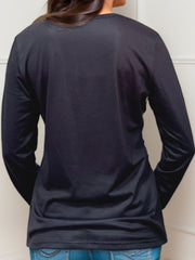 Black long sleeve blouse with leopard panel detail and crisscross neckline.