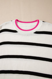 Striped knit sweater with contrast pink neckline trim