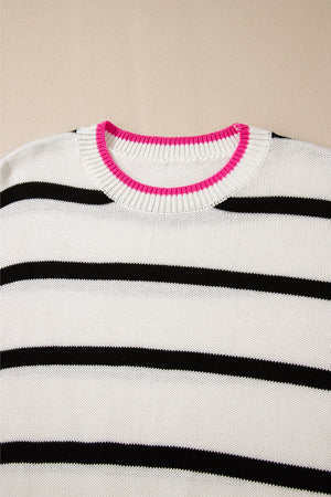 Striped knit sweater with contrast pink neckline trim