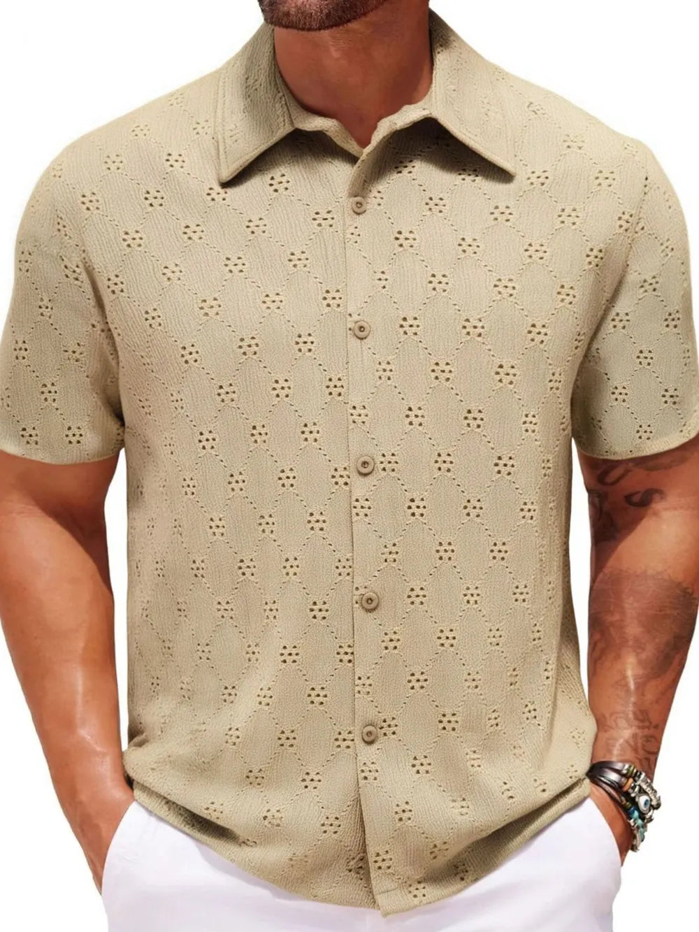 Khaki short sleeve resort shirt with geometric eyelet pattern and button front.
