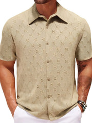 Khaki short sleeve resort shirt with geometric eyelet pattern and button front.