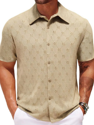 Khaki short sleeve resort shirt with geometric eyelet pattern and button front.