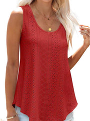 Scarlet eyelet scoop neck tank top with intricate pattern detail.