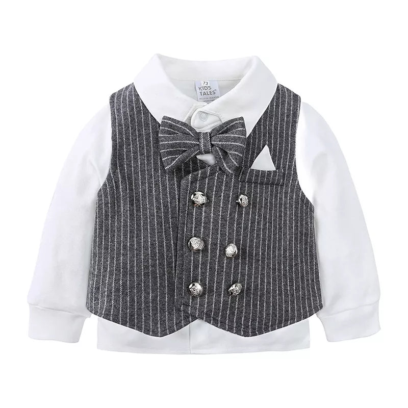Baby boy's pinstripe vest set with white shirt and bow tie