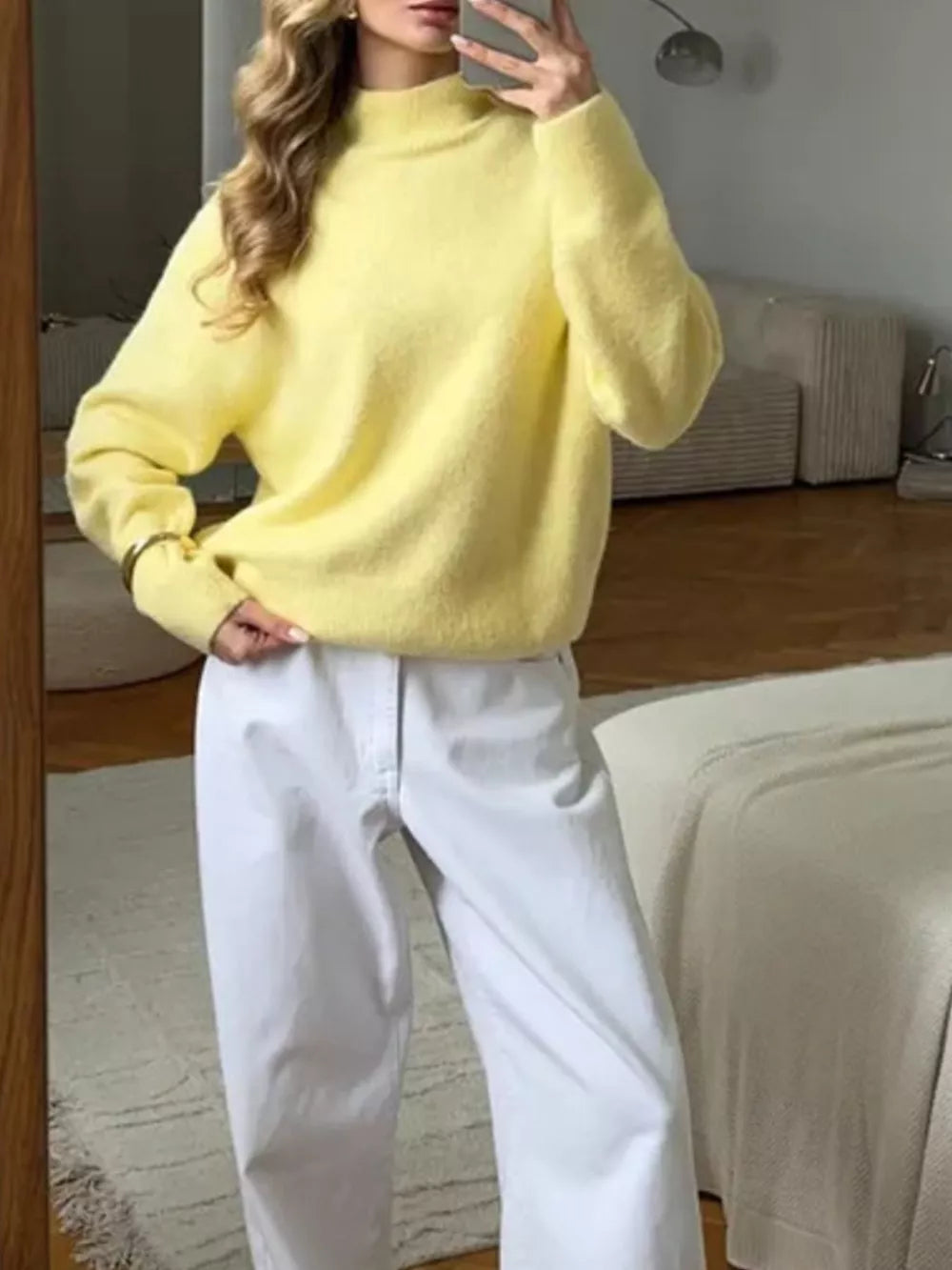 Relaxed mock neck sweater in pastel yellow acrylic blend, long sleeves, casual fit