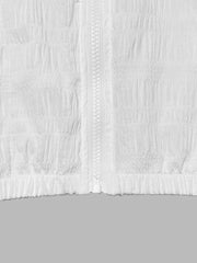 White textured lightweight hooded jacket with a full zipper and elastic hem.