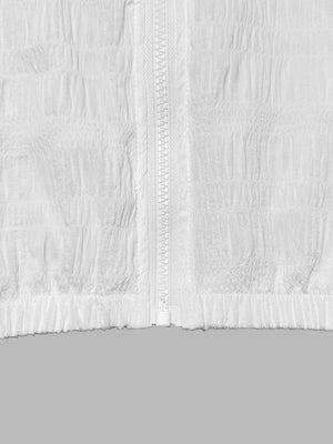 White textured lightweight hooded jacket with a full zipper and elastic hem.