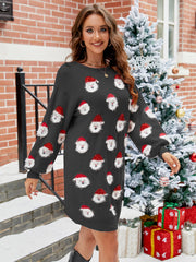 Charcoal Santa jacquard knit dress with fluffy Santa faces and glittery hats.
