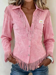 Full Size Fringed Collared Neck Shirt Plus Size in Pink, front view
