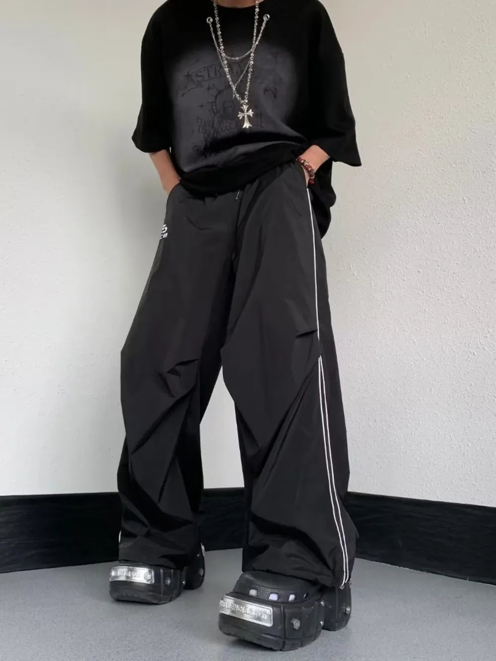 Men's Striped Wide Leg Pants in Black, close-up detail