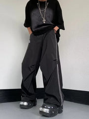Men's Striped Wide Leg Pants in Black, close-up detail