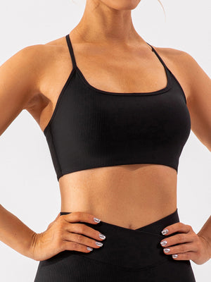 Black ribbed halterneck active bra with thin straps