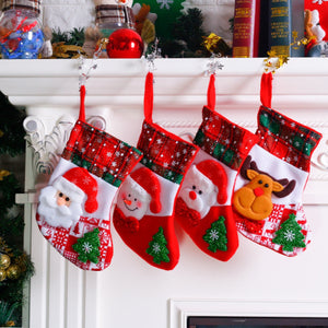 Festive Santa and reindeer Christmas stockings with snowflake and plaid patterns.