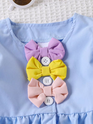 Children's Bow Puff Sleeve Top And Shorts Set in Blue, close-up detail