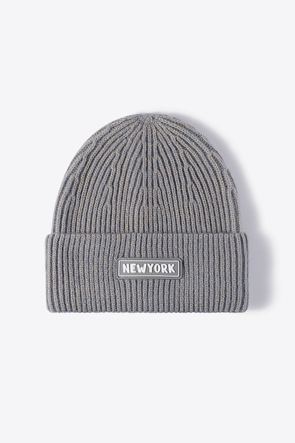 Gray ribbed acrylic beanie with New York patch detail
