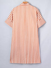 Striped V-neck shift mini dress with short sleeves and a ruffled collar.