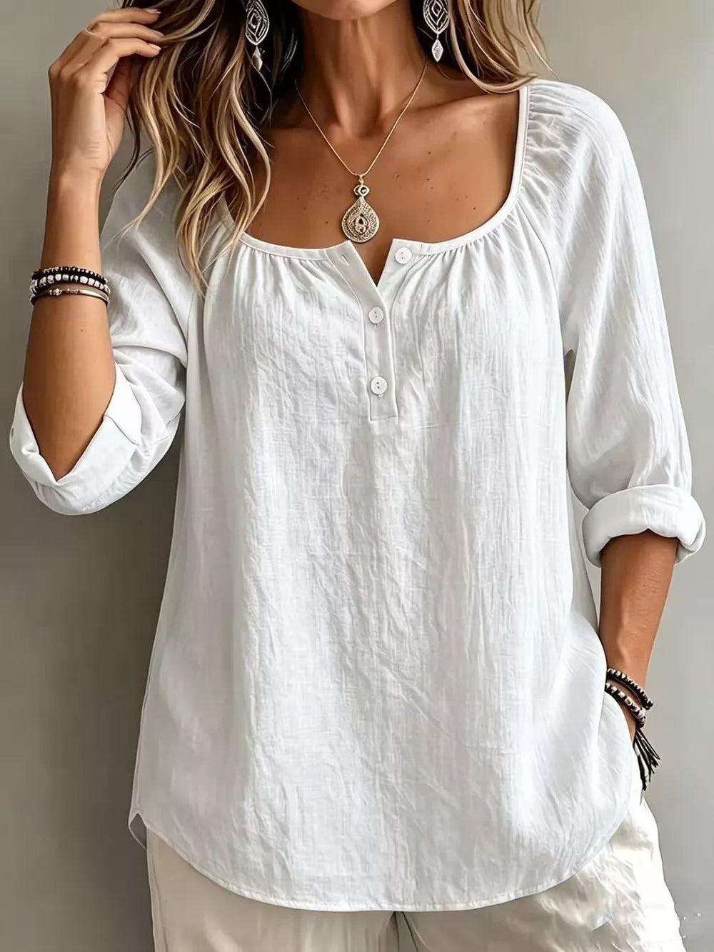 Button Detail Long Sleeve Top in Light Blue, model styling view