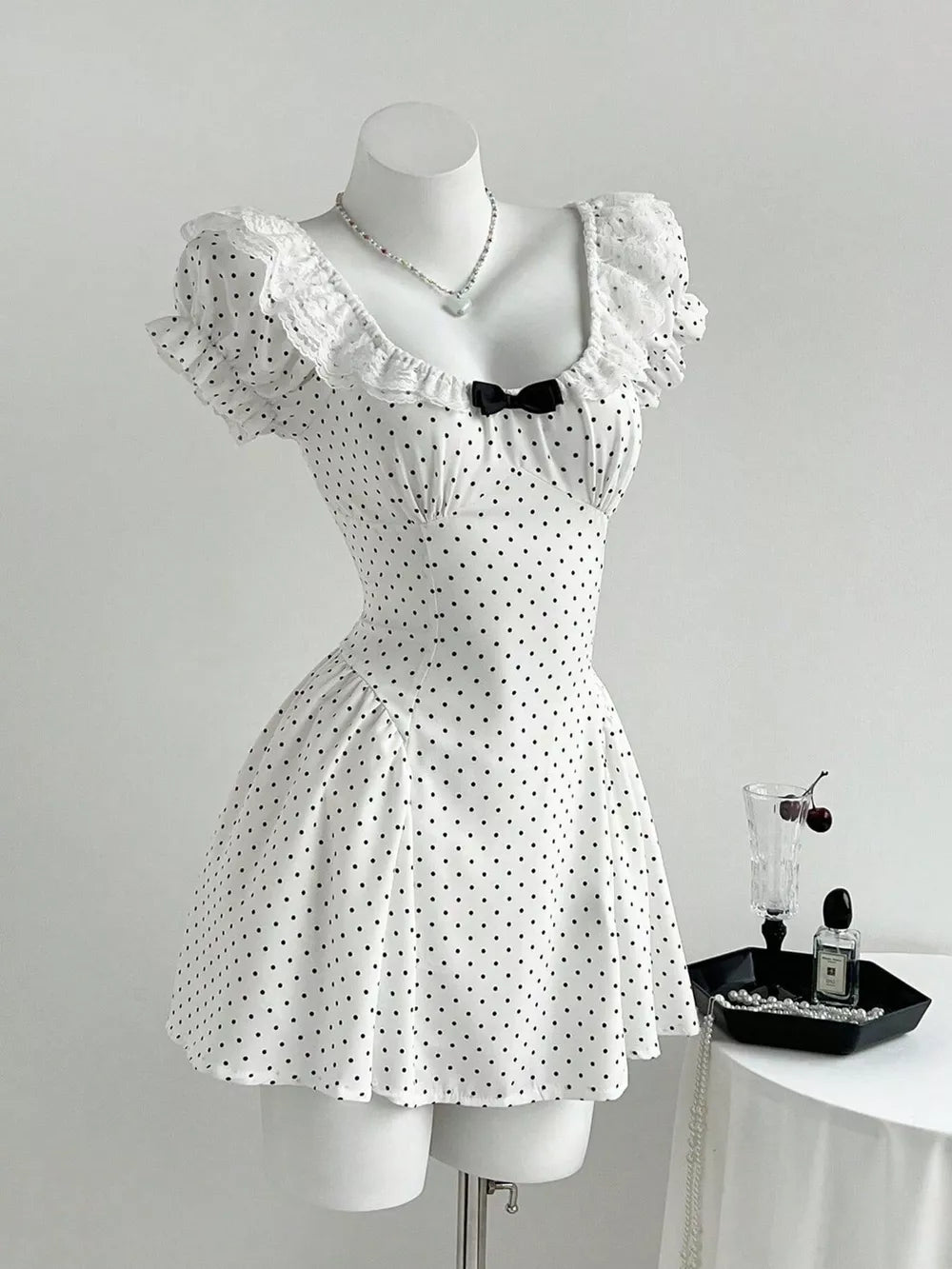 Lace Detail Polka Dot Mini Dress, model styling view