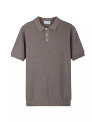 Men's light brown ribbed short sleeve polo with classic collar and button placket.
