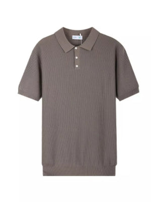 Men's light brown ribbed short sleeve polo with classic collar and button placket.