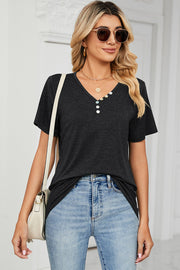 Button-placket henley tee in dark gray with a v-neck and short sleeves.