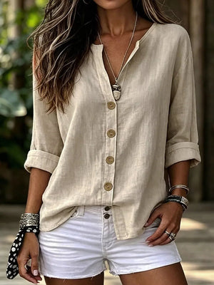 Linen Long-sleeve Top in Orange-red, front view