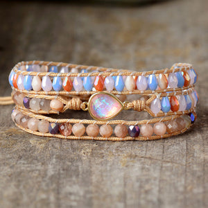 Multicolor beaded wrap bracelet with a teardrop gemstone charm