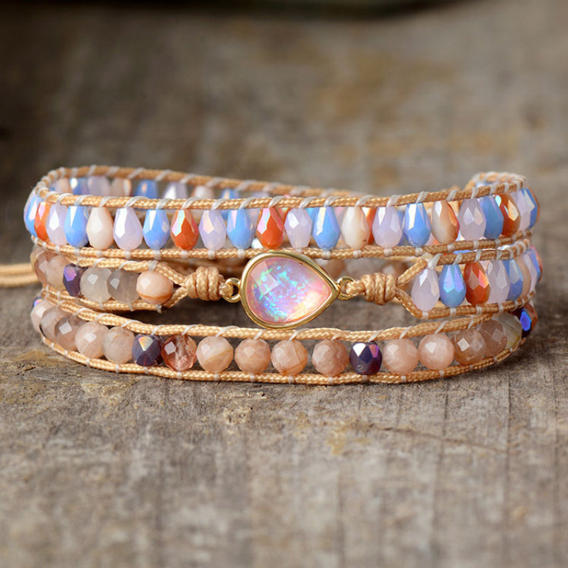 Multicolor beaded wrap bracelet with a teardrop gemstone charm