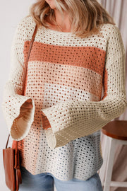 Ombre crochet panel sweater in beige, acrylic knit.