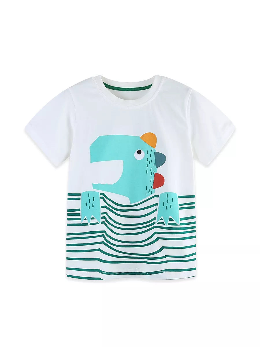White cotton toddler tee with crew neck and playful turquoise dinosaur graphic on striped background.