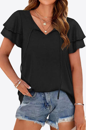 Black tiered sleeve keyhole blouse with tie detail and v-neck