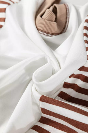 Chic colorblock sweatshirt with brown and white stripes and contrast stitching detail.