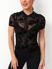 Black velvet floral mesh mock neck top with short sleeves