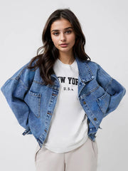 Denim Dream Pocket Shirt trucker jacket in medium wash cotton with buttoned chest pockets.