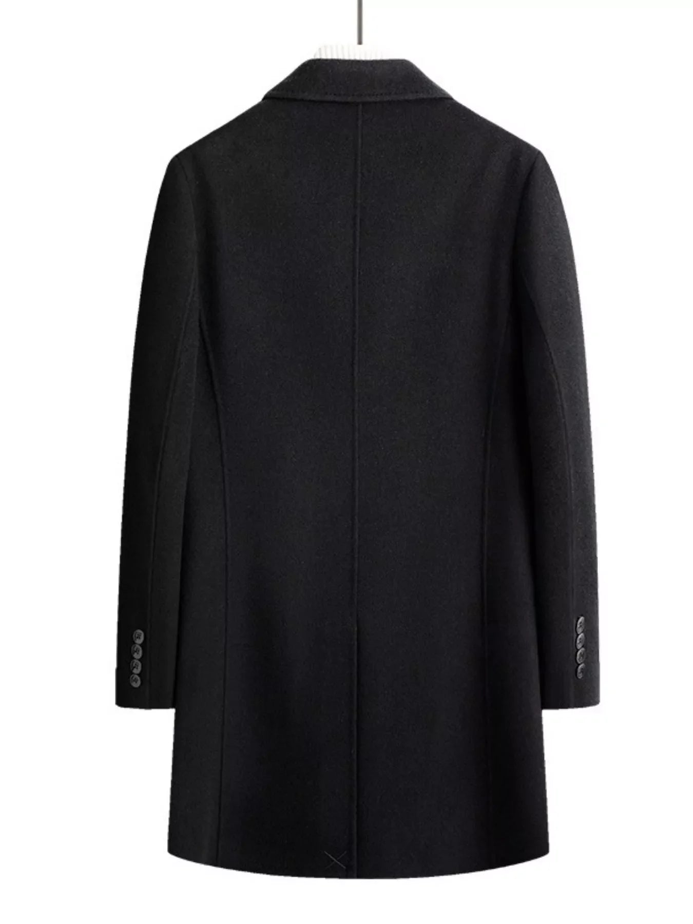 Men's black wool blend overcoat with buttoned cuffs and classic lapels.