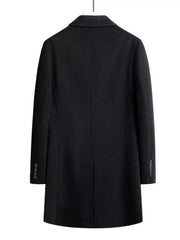 Men's black wool blend overcoat with buttoned cuffs and classic lapels.