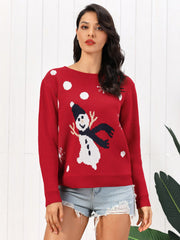 Red acrylic knit jumper with snowman motif and polka dots