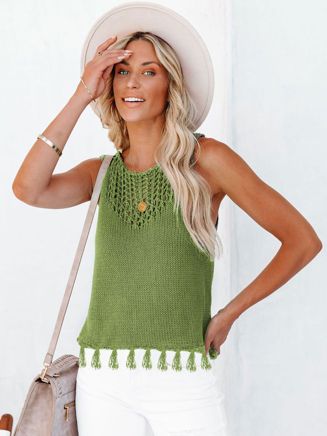 Lime knit tank top with crochet detail and tassel trim