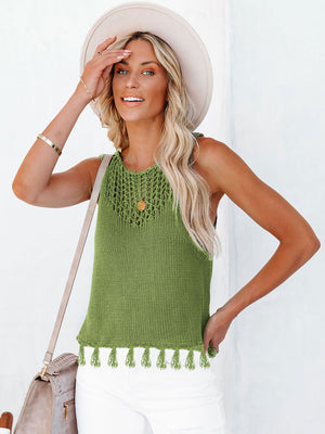 Lime knit tank top with crochet detail and tassel trim