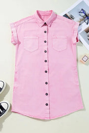 Rolled sleeve denim shirtdress in blush pink with button front and chest pockets.