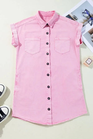 Rolled sleeve denim shirtdress in blush pink with button front and chest pockets.