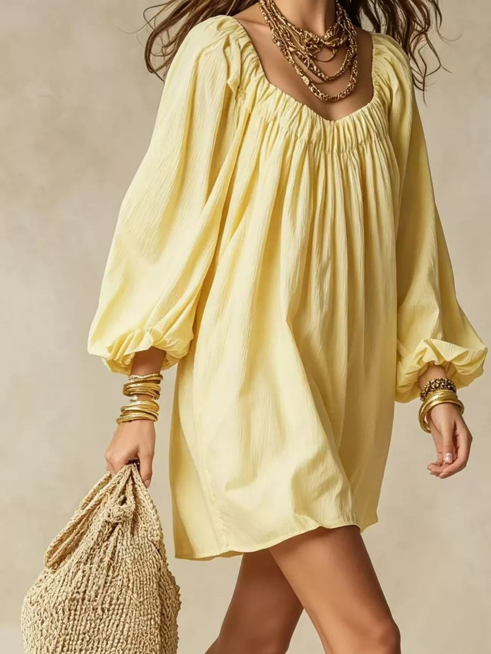 Flowy Balloon Sleeve Mini Dress in Army Green, close-up detail