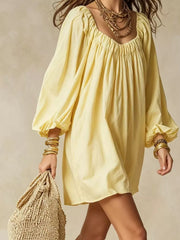 Flowy Balloon Sleeve Mini Dress in Army Green, close-up detail