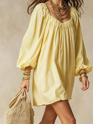 Flowy Balloon Sleeve Mini Dress in Army Green, close-up detail