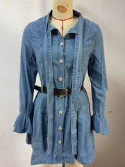 Blue denim dress with button front, tie neck, flounce sleeves, and black belt.