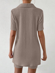 Textured ribbed polo shirt and shorts co-ord set in mocha, back view