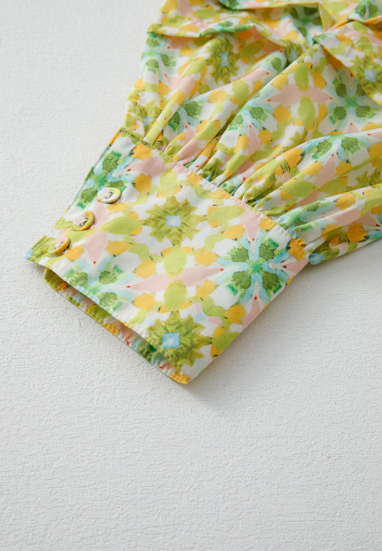 Yellow green floral ruffle yoke button-down blouse with button cuff detail