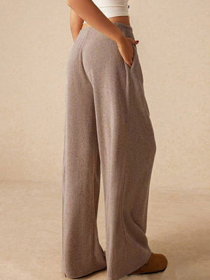 Mocha ribbed palazzo lounge trousers with pockets, wide leg, and cotton blend fabric.