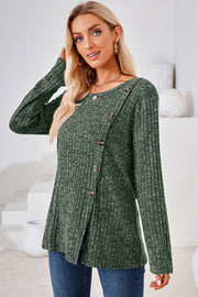 Matcha green ribbed knit top with asymmetric button detail and crew neck.